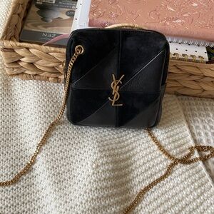 Yves Saint Laurent Black Crossbody Bag with Gold Logo and Textured Finish